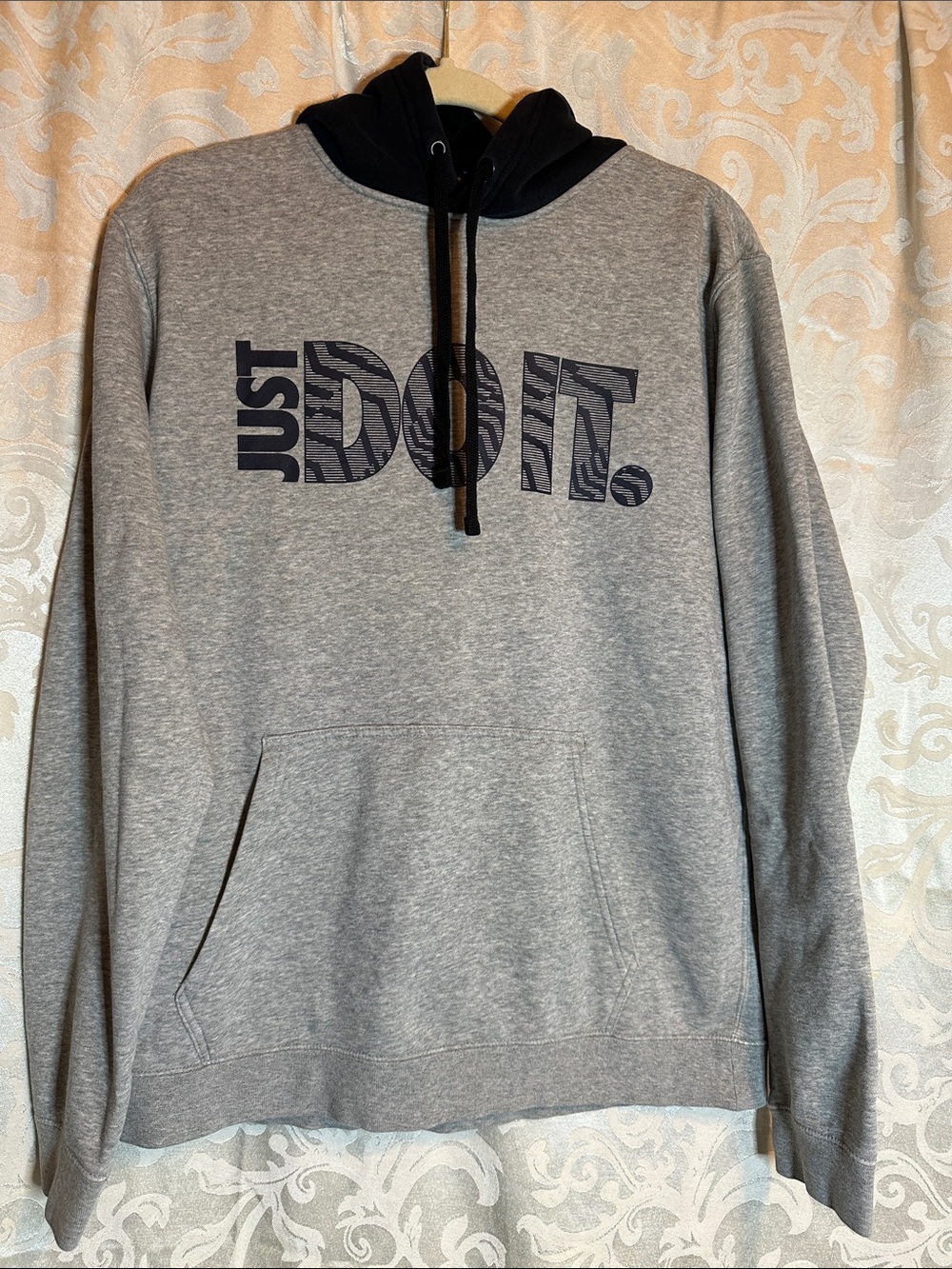 Nike Men’s Gray Hoodie with Navy Hood and 'Just Do It.' Graphic